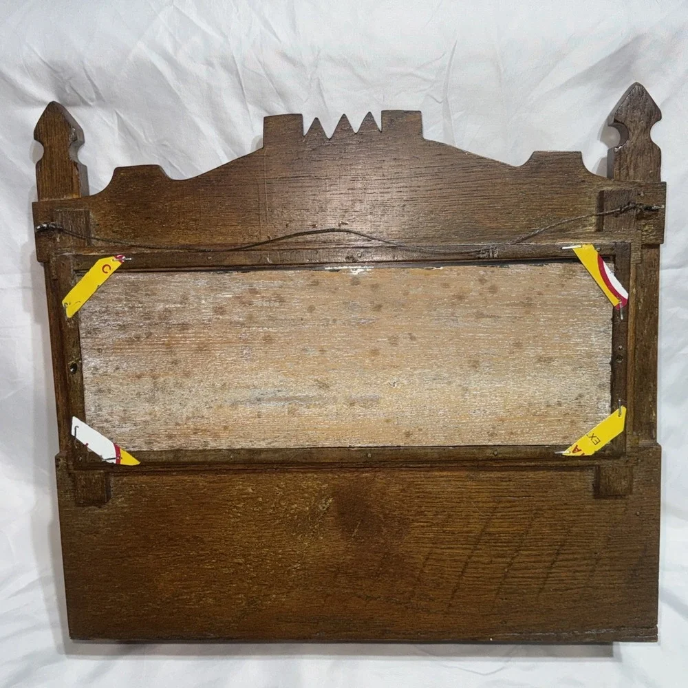 Antique Oak Wood Wall Shaving Mirror Towel Rack & Accessory Box Wall Hang